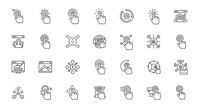 Collection of minimalist grey line icons depicting various touch gestures and digital interactions.
