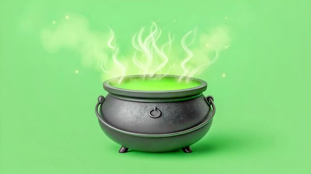 A magical cauldron bubbles with enchanting green potion emitting mystical smoke and shimmering sparks against a vibrant green backdrop perfect for fantasy or Halloween projects