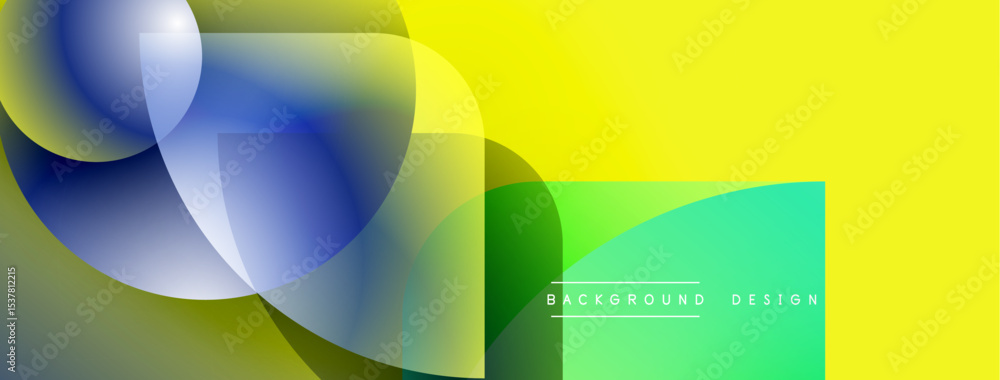 Poster Abstract shapes overlap, creating vibrant color gradients. Yellow dominates right side, blue left. Modern design elements present.