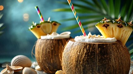 Tropical coconut drinks with shells and greenery backdrop