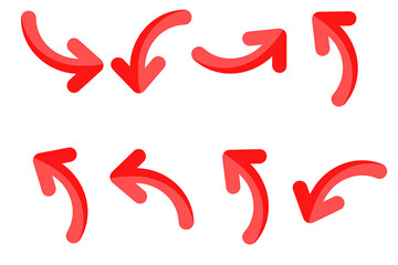 Set of arrow drawing style isolated on white A simple, red, curved arrow pointing to the left and down on a white background. Direction symbol. Arrow symbol for app, UI, web. Vector illustration