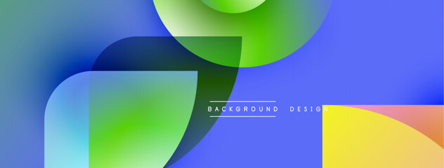 Abstract fluid shapes overlap, creating vibrant color gradients. Blue, green, yellow hues dominate design. Modern aesthetic.