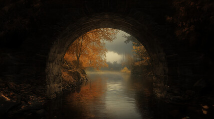 Obraz premium Autumn River Landscape Viewed Through a Dark Archway 