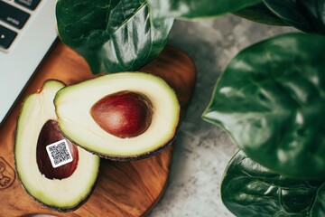 Creative branding layout with avocado halves showing QR code and icon, surrounded by laptop, papers, and social media tools in a modern workspace.