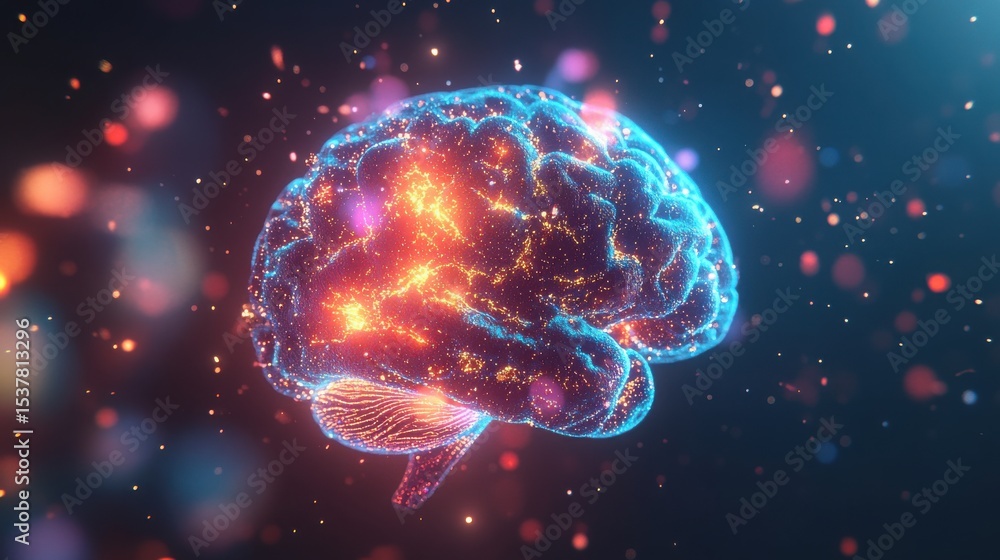 Aufkleber glowing human brain with neural network connections and bokeh lights background