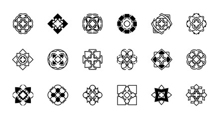 A collection of twenty abstract geometric shapes and patterns, all in black and white, arranged in a grid.