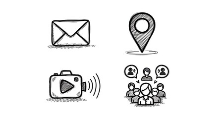 Hand-drawn icons representing communication, location, media, and social interaction.