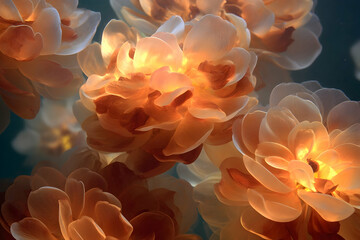 Close-up of glowing, translucent flowers.