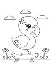 Coloring book flamingo with a flower on its head, happily skateboarding among sweet flowers