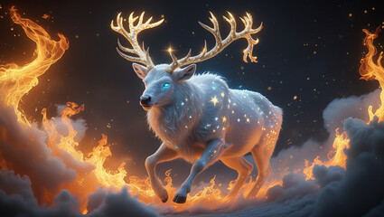Celestial Deer Amidst Fiery Skies: A mythical deer with ethereal antlers and glowing stars prances amidst swirling clouds and a dramatic fiery sky, a fantastical embodiment of nature and wonder.