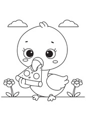 Coloring book flamingo happily eating a slice of pizza, with sweet flowers and fluffy clouds around