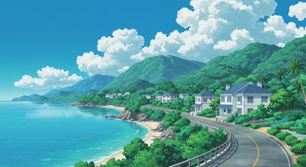 Anime Style Scenic Coastal Road with Ocean and Mountain View
