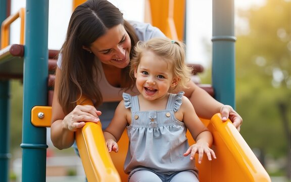 Mother and Child Enjoying a Fun Playtime on a Playground Slide. High quality