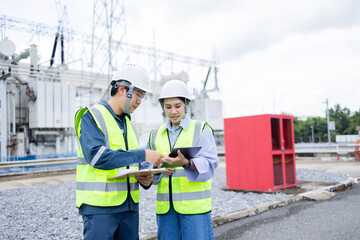 Engineer working at high voltage power substation infrastructure inspection check with safety...