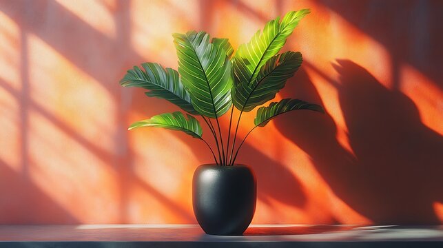 Clean modern photo of tropical leaves in a matte black vase, warm direct light forming dramatic silhouettes on the background wall, uncluttered surface with minimal props.