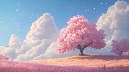 Pastel pink cherry blossom field under a soft sky