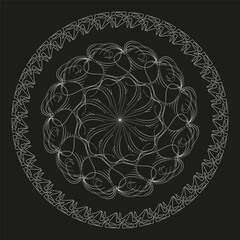 Circular ornament shape. White vector mandala. Black background figure. Delicate swirl symbol.