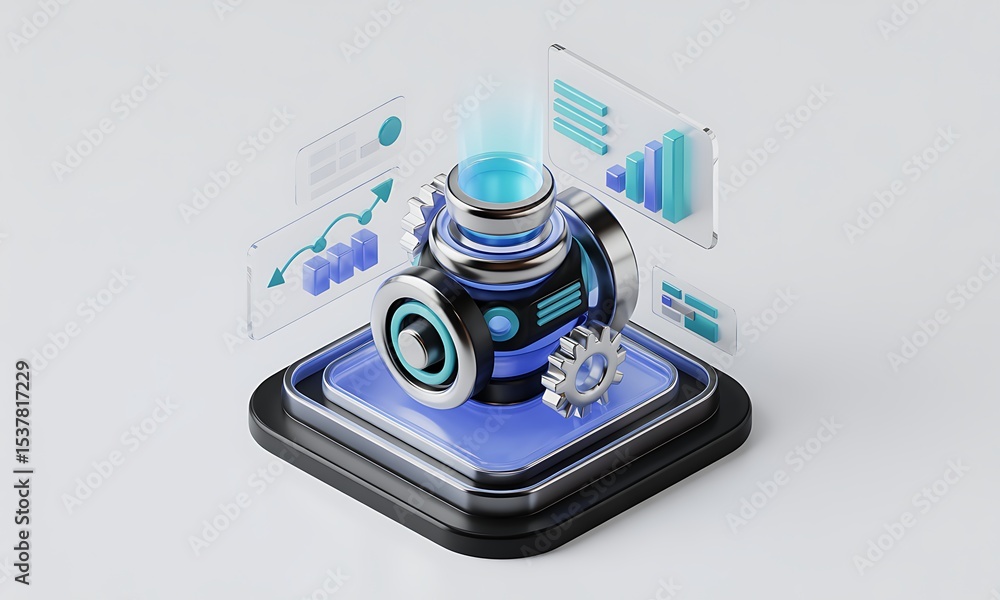 Poster futuristic machine analyzes data on transparent displays, rendering a high-tech concept with copy sp