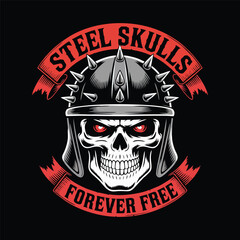 Skull biker gang logo vector design, skull wearing spiked helmet, top ribbon 'Steel Skulls', bottom ribbon 'Forever Free.