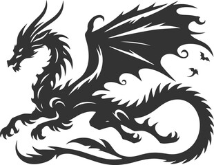 Black vector drawing of a flying dragon animal silhouette