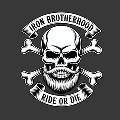 Vintage biker gang skull logo, skull with beard and bandana, crossbones behind, top ribbon 'Iron Brotherhood', bottom ribbon 'Ride or Die',. logo skull vector design