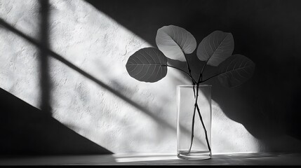 Elegant photograph of a slim glass vase holding large fig leaves, illuminated by direct sunlight. Deep shadows form an abstract pattern on the wall, side perspective.