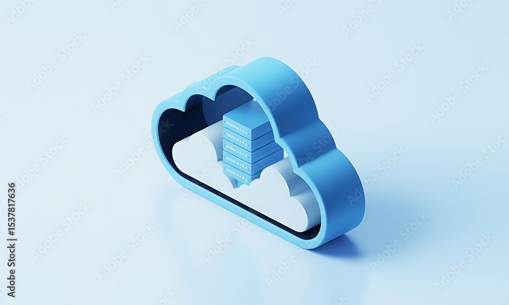 Poster blue cloud icon demonstrates downloading data on a light blue background, representing cloud computi