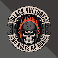 Skull motorcycle gang badge, flaming skull with
cracked helmet, skull head logo vector