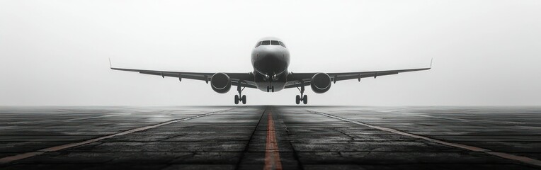 Jet airplane prepares for takeoff on runway, grey tones