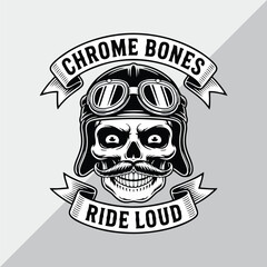 Gang skull logo vector, grinning skull with
handlebar mustache and aviator helmet, with text 