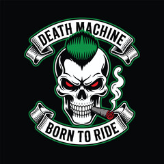 Aggressive skull motorcycle gang emblem, skull with mohawk and smoking cigar, skull logo vector