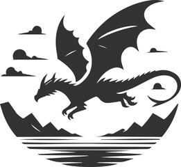 Black vector drawing of a flying dragon animal silhouette