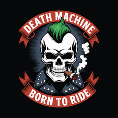 Aggressive skull motorcycle gang emblem, skull with mohawk and smoking cigar, skull logo vector