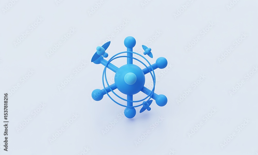 Poster blue abstract atom model rotates with rockets orbiting around it, isolated on white, representing a 