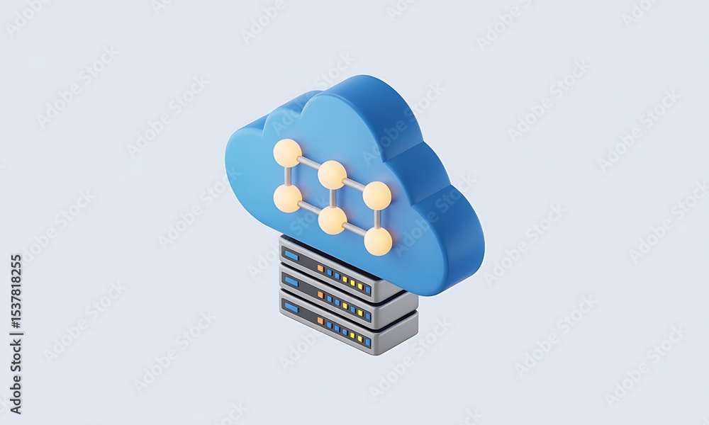 Poster cloud computing system connects to servers in a clean, minimalist illustration to represent data sto