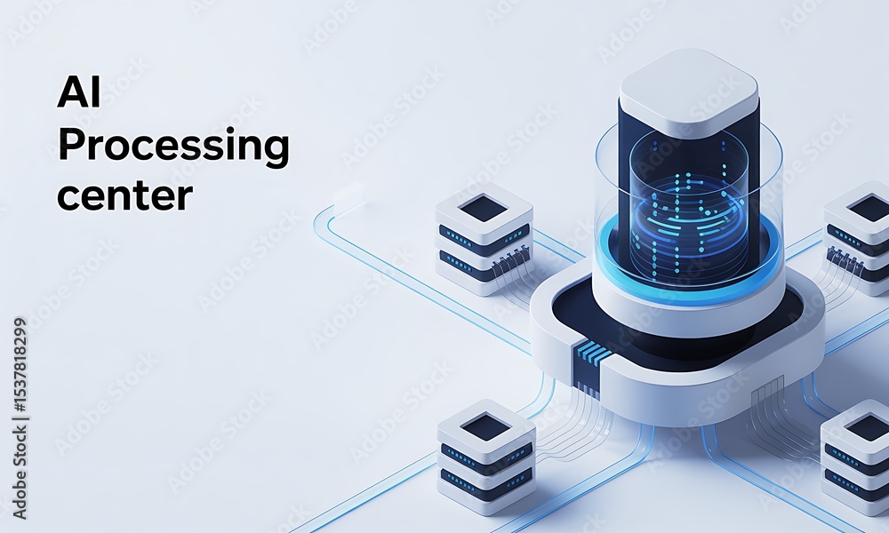 Poster ai processing center visualizes data transfer with clean lines, suggesting machine learning and adva