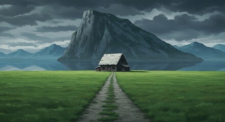 Tranquil Anime Style Landscape: Lonely House, Vast Meadow, and Towering Mountain