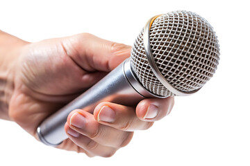 Closeup of a fairskinned hand firmly gripping a silver microphone against a black background A I G E N E R A T E D - P N G isolated on a transparent background