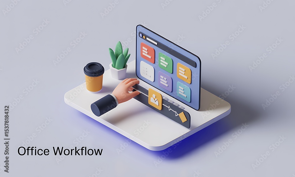 Poster cartoon hand manages workflow on screen in modern office setting, illustrating project management, w
