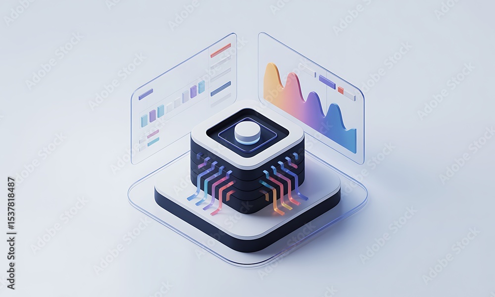 Poster Isometric Server Renders Data, showcasing colorful chart displays in a studio setting, emphasizing data processing, cloud computing, and information technology.