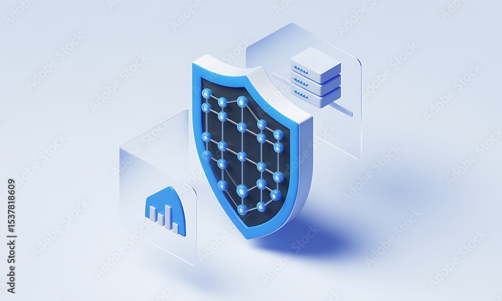 Poster digital shield protects data in a clean tech environment: concept of cybersecurity, with copy space,