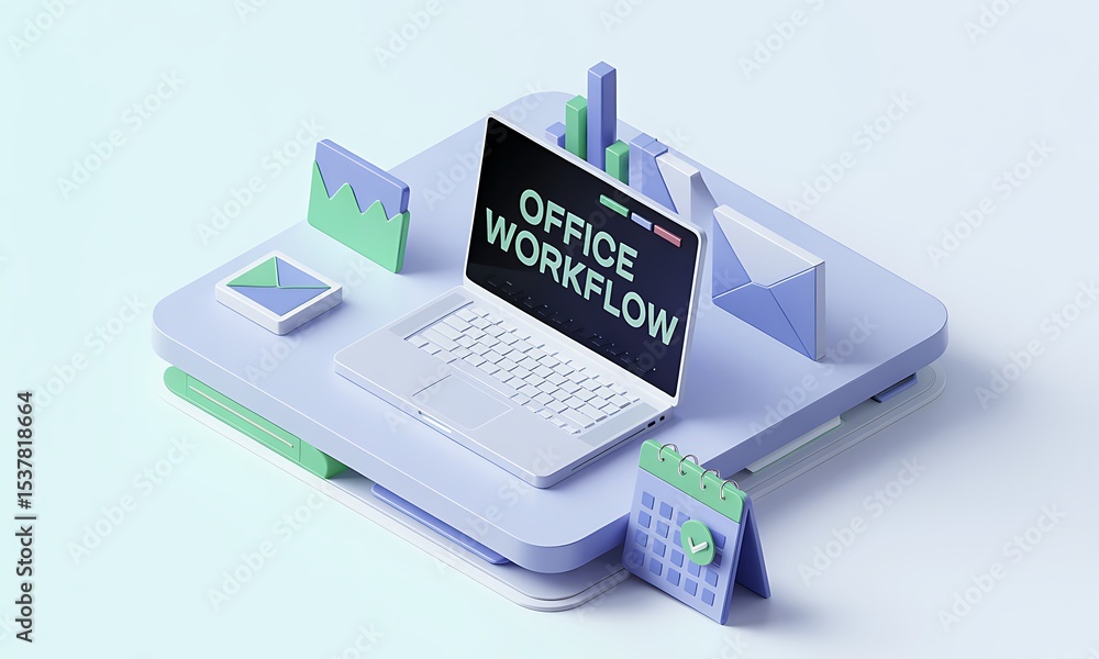 Poster laptop displays office workflow in modern workspace, showcasing productivity with 3d rendering and c