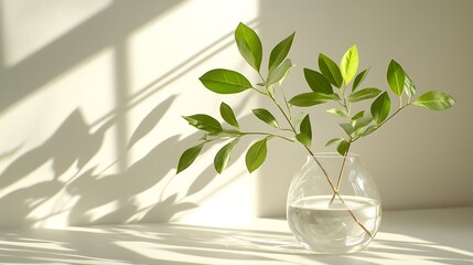 Lush green leaves in a crystal-clear vase, strong window sunlight casting dynamic, angular shadows onto a smooth white background, styled with minimalist decor. Created Using: iPhone 15 Pro Max,