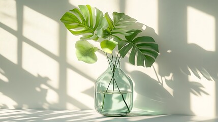 Lush green leaves in a crystal-clear vase, strong window sunlight casting dynamic, angular shadows onto a smooth white background, styled with minimalist decor. Created Using: iPhone 15 Pro Max,