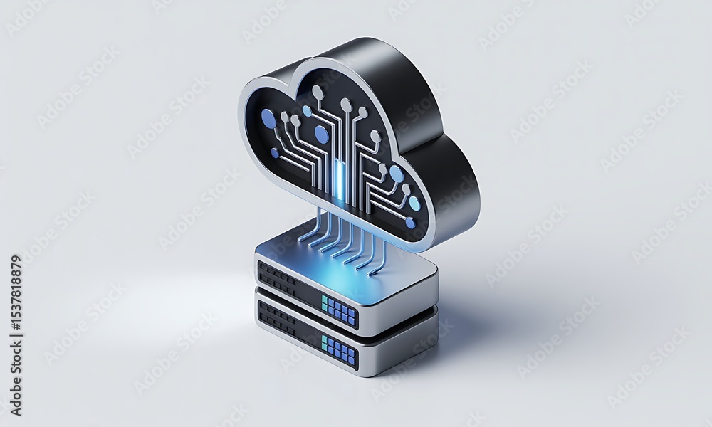 Poster cloud computing icon connects to servers representing data storage, a technology concept with a meta