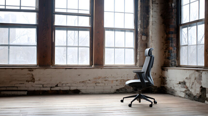Minimalist office chair in a bright loft, embodying modern workspace simplicity.