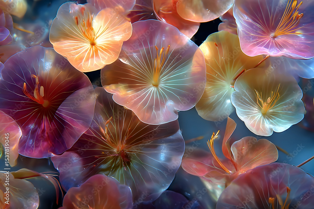 Poster delicate translucent flowers in a vibrant array of colors.