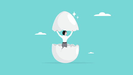 beginners businesswoman, beginner in starting a new business, newbie business woman comes out of a hatched egg concept vector illustration