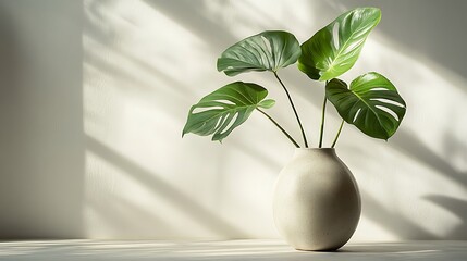 Minimalist artistic setup with monstera leaves in a smooth ceramic vase, direct light through window creating deep leaf shadows on textured white wall, clean flat surface.
