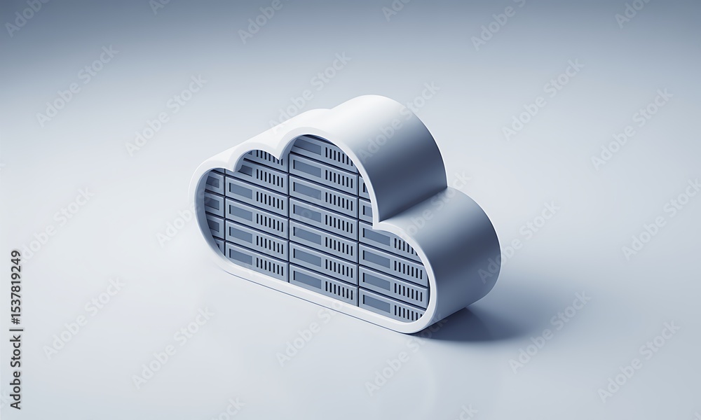 Poster cloud computing symbol represents data storage, in a minimal studio setting, highlighting scalabilit